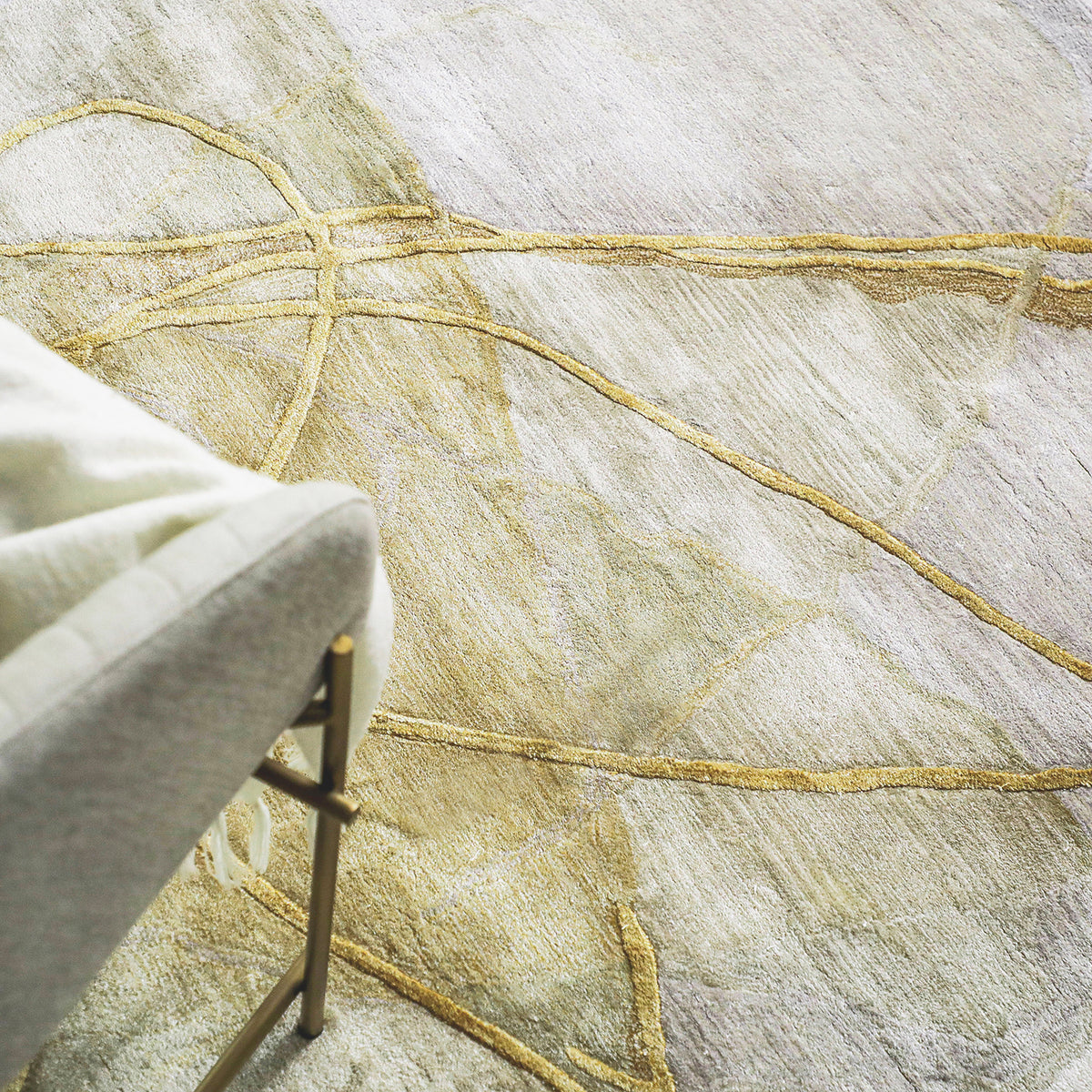 Cream and Gold Hues Handmade Silk Rug with an Abstract Pattern for Modern Interiors. 