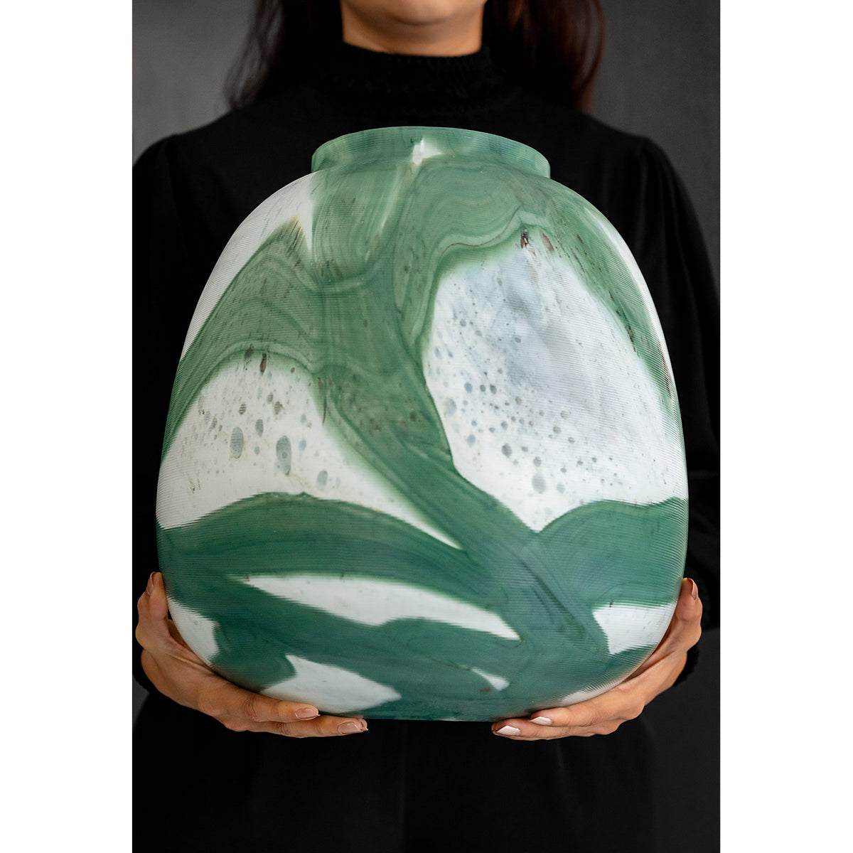 Iris abstract glass vase with rounded shape and green brushstroke pattern on white background, decorative vase for modern home décor