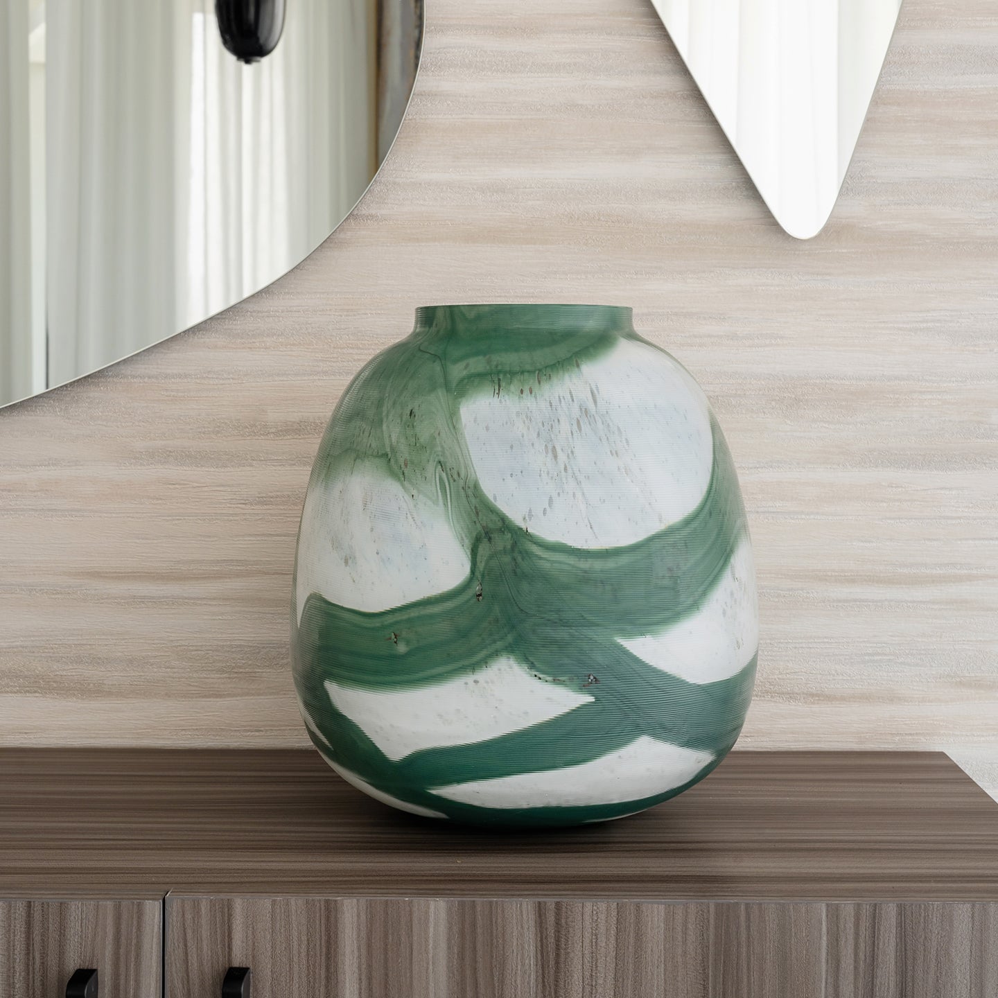 Iris abstract glass vase with rounded shape and green brushstroke pattern on white background, decorative vase for modern home décor