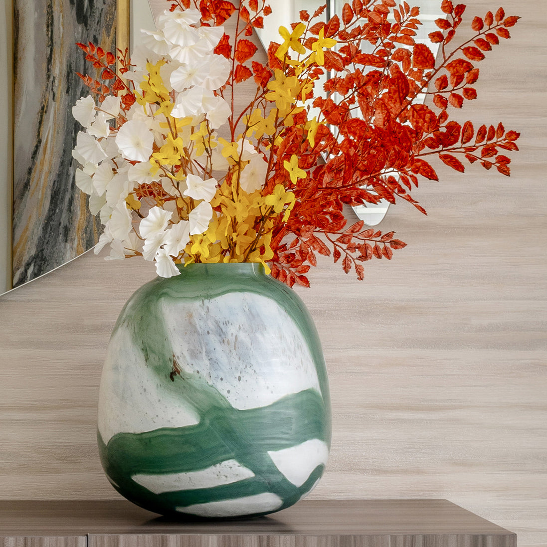 Iris abstract glass vase with rounded shape and green brushstroke pattern on white background, decorative vase for modern home décor