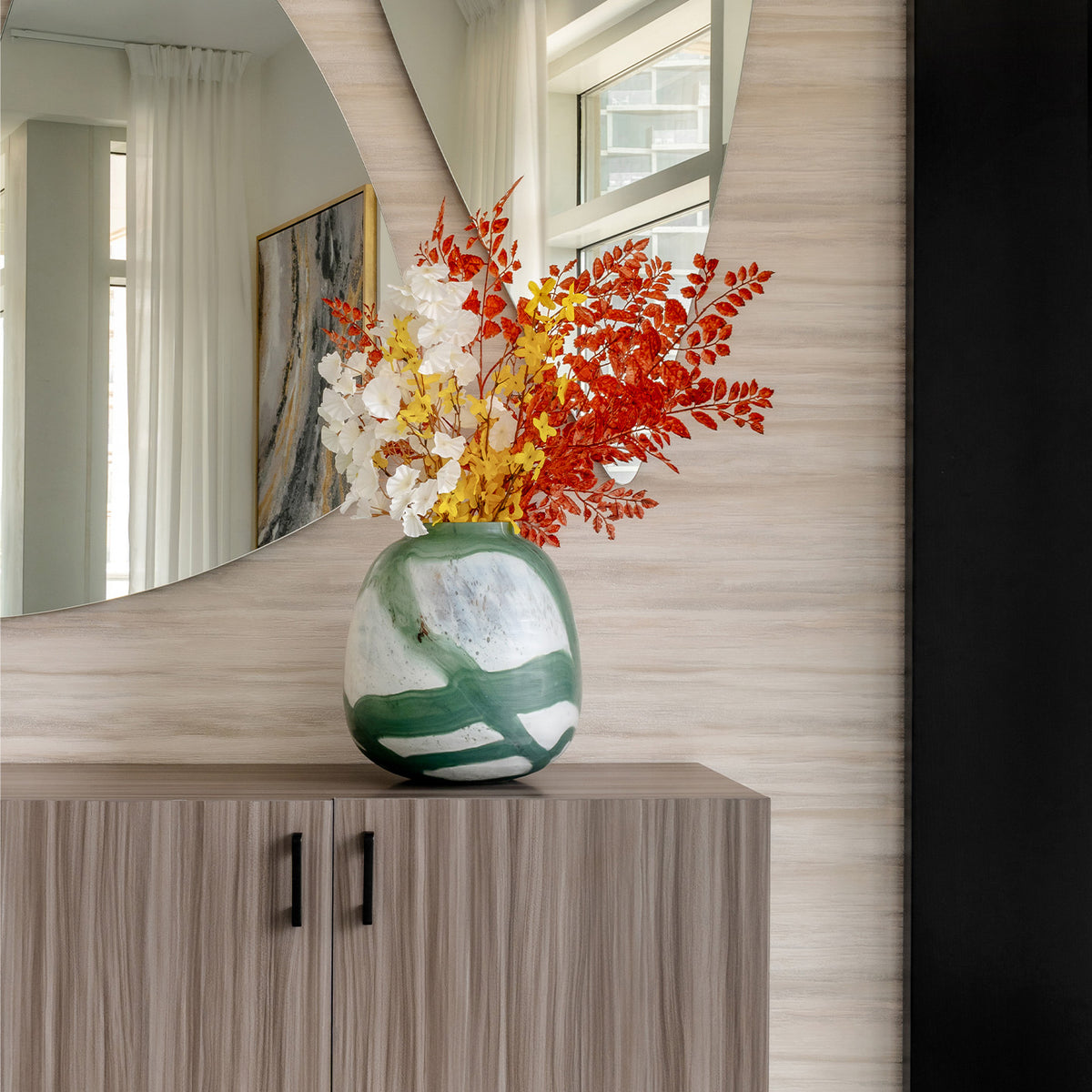 Iris abstract glass vase with rounded shape and green brushstroke pattern on white background, decorative vase for modern home décor