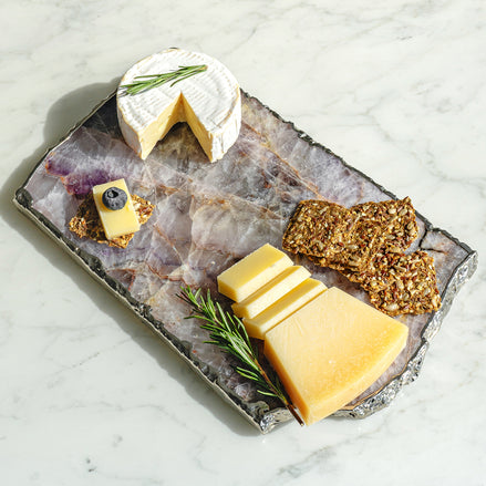 Kristal amethyst stone platter with organic shape and silver edge, luxury natural stone serving platter for elegant entertaining and décor