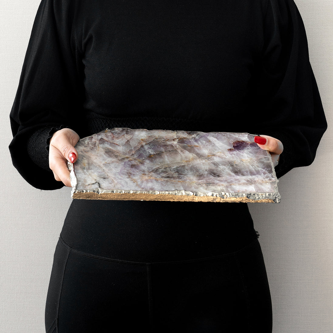 Kristal amethyst stone platter with organic shape and silver edge, luxury natural stone serving platter for elegant entertaining and décor