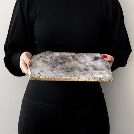 Kristal amethyst stone platter with organic shape and silver edge, luxury natural stone serving platter for elegant entertaining and décor