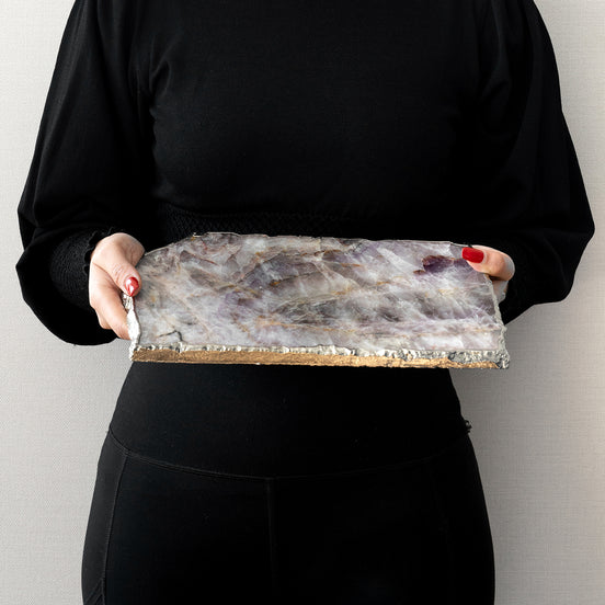 Kristal amethyst stone platter with organic shape and silver edge, luxury natural stone serving platter for elegant entertaining and décor