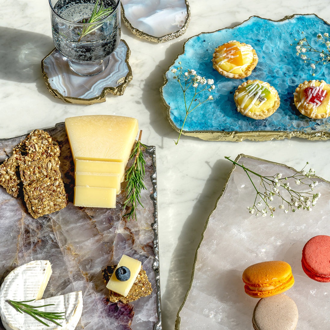 Kristal amethyst stone platter with organic shape and silver edge, luxury natural stone serving platter for elegant entertaining and décor.