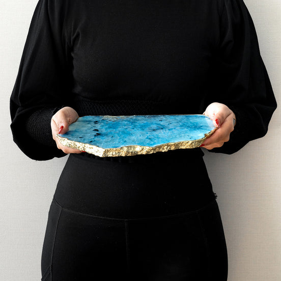 Kristal blue agate stone platter with organic shape and light gold edge, luxury natural stone serving platter for elegant entertaining and décor