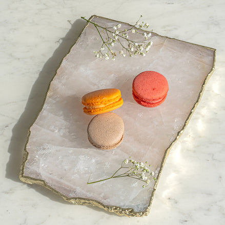 Kristal rose quartz stone platter with organic shape and gold edge, luxury serving platter for elegant home décor and entertaining