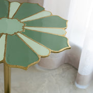 Lotus handcrafted metal side table with enamel finish and grey marble base, sculptural accent table for modern home décor