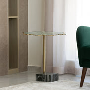 Lotus handcrafted metal side table with enamel finish and grey marble base, sculptural accent table for modern home décor