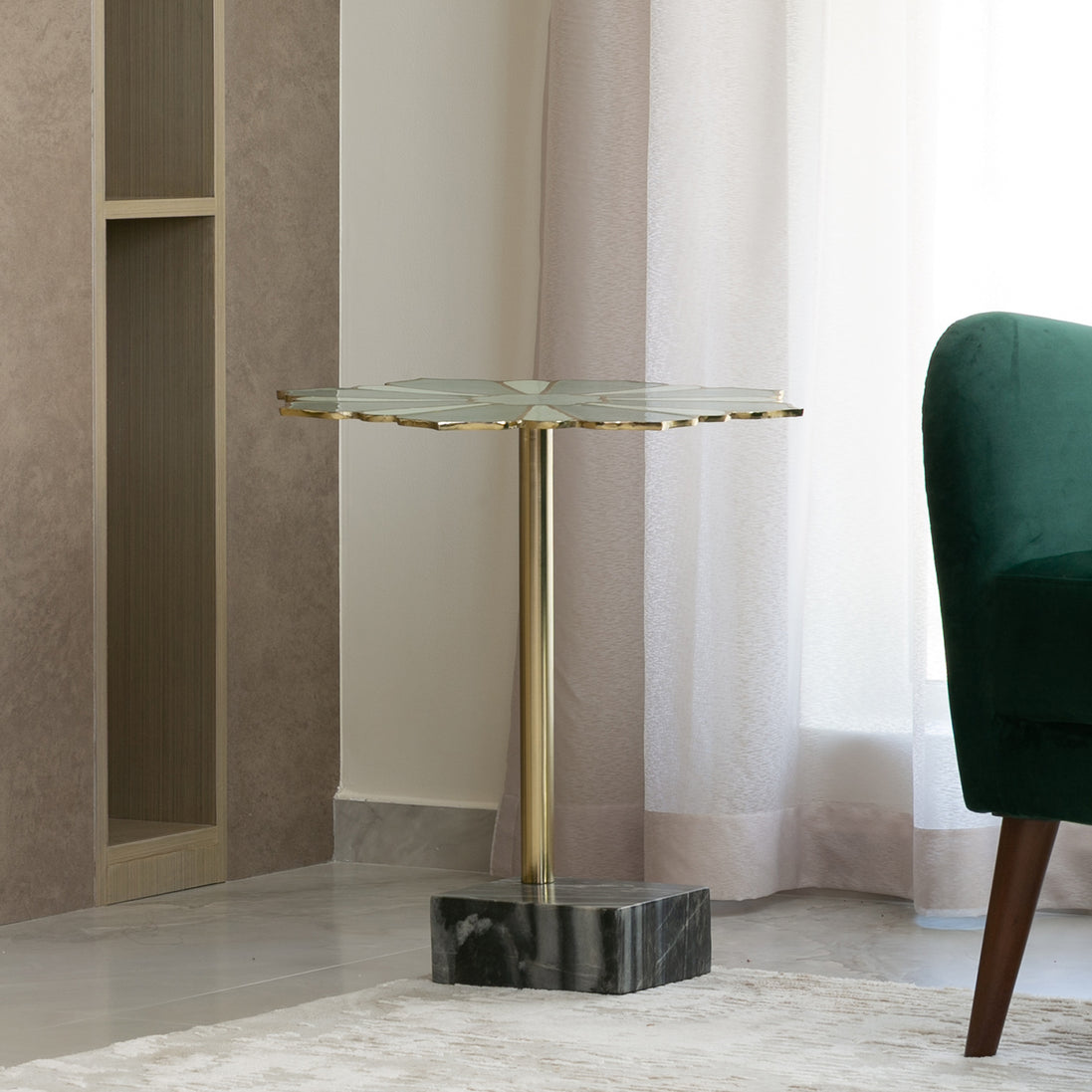 Lotus handcrafted metal side table with enamel finish and grey marble base, sculptural accent table for modern home décor