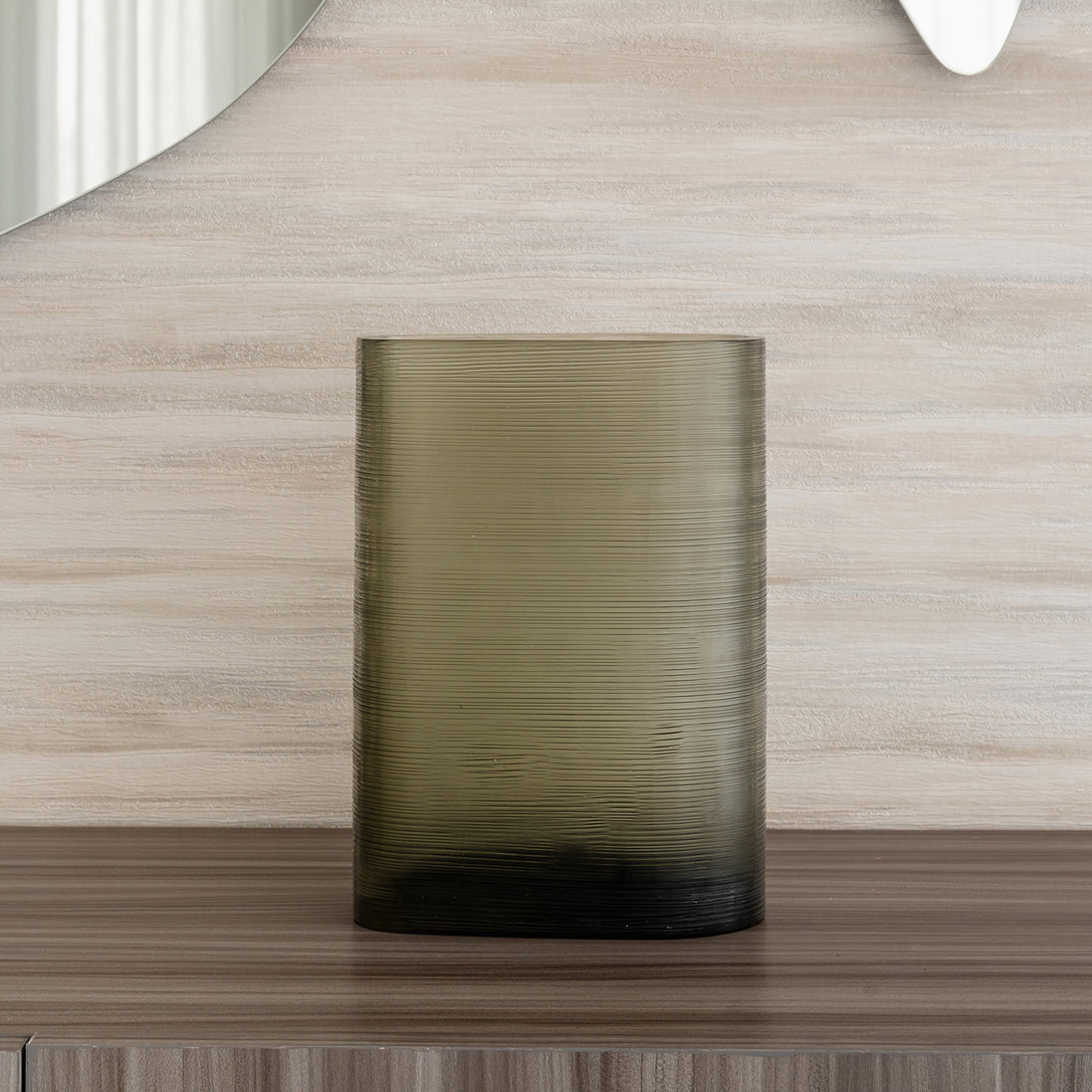 Lumina dark grey ribbed glass vase with rounded column shape, modern decorative vase for luxury home décor