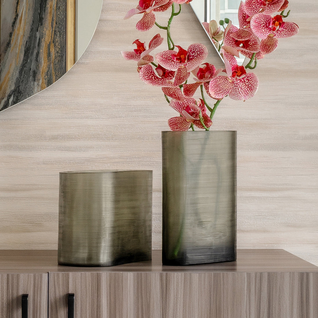 Lumina dark grey ribbed glass vase with rounded column shape, modern decorative vase for luxury home décor