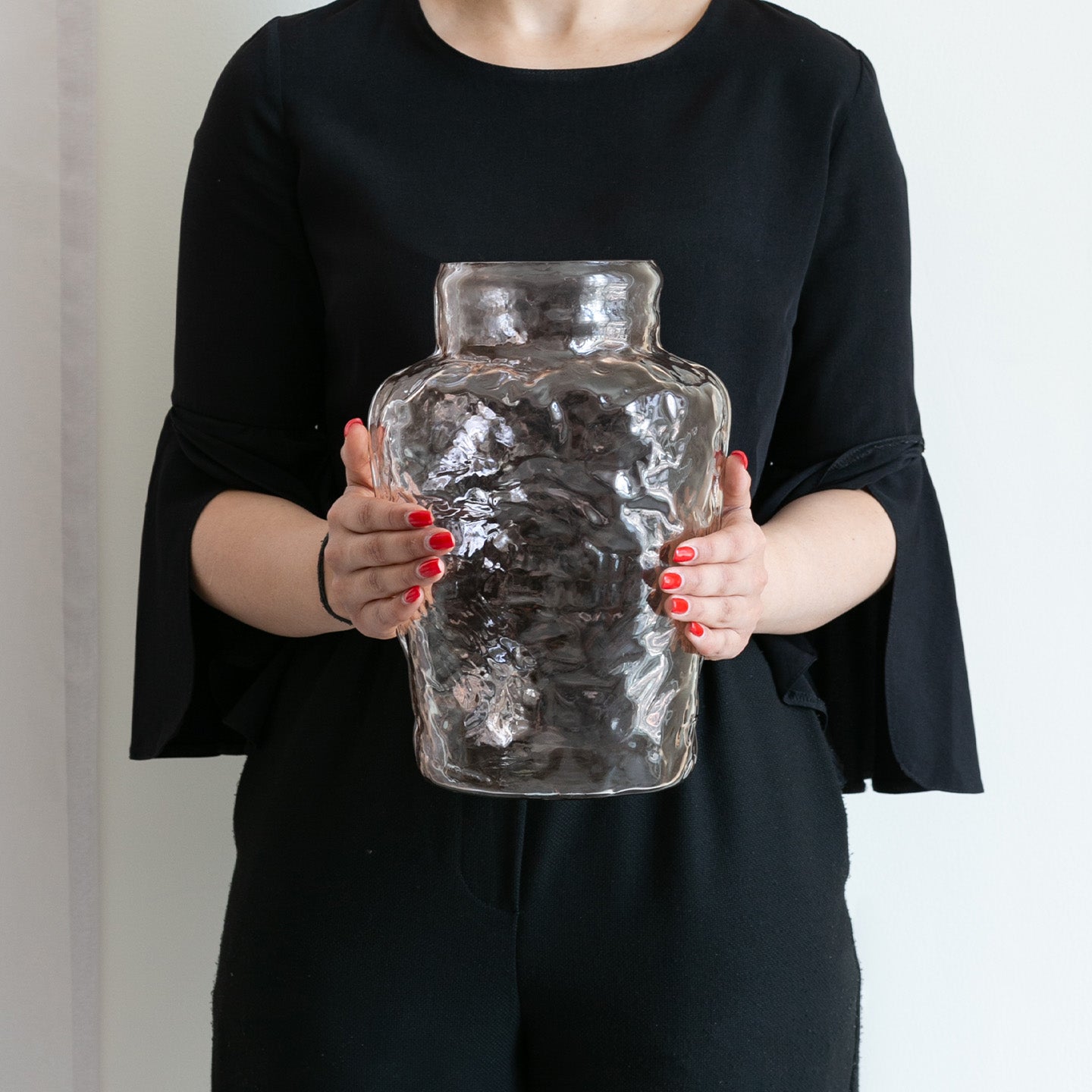 Luna burgundy tinted handblown glass vase with rounded silhouette, elegant decorative vase for contemporary home décor