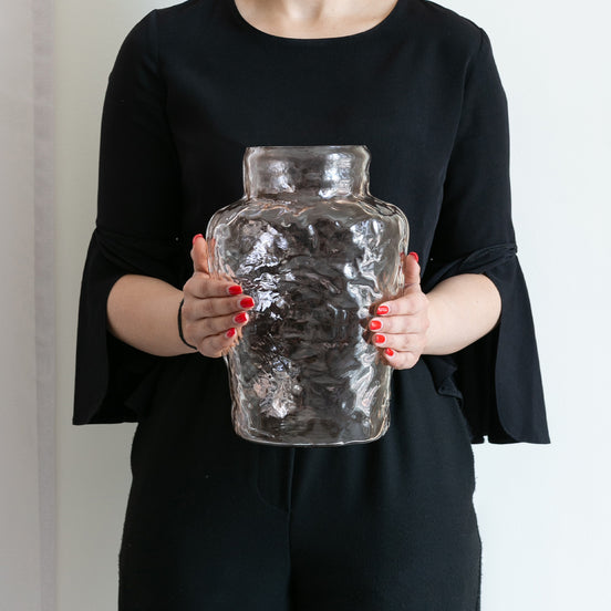 Luna burgundy tinted handblown glass vase with rounded silhouette, elegant decorative vase for contemporary home décor