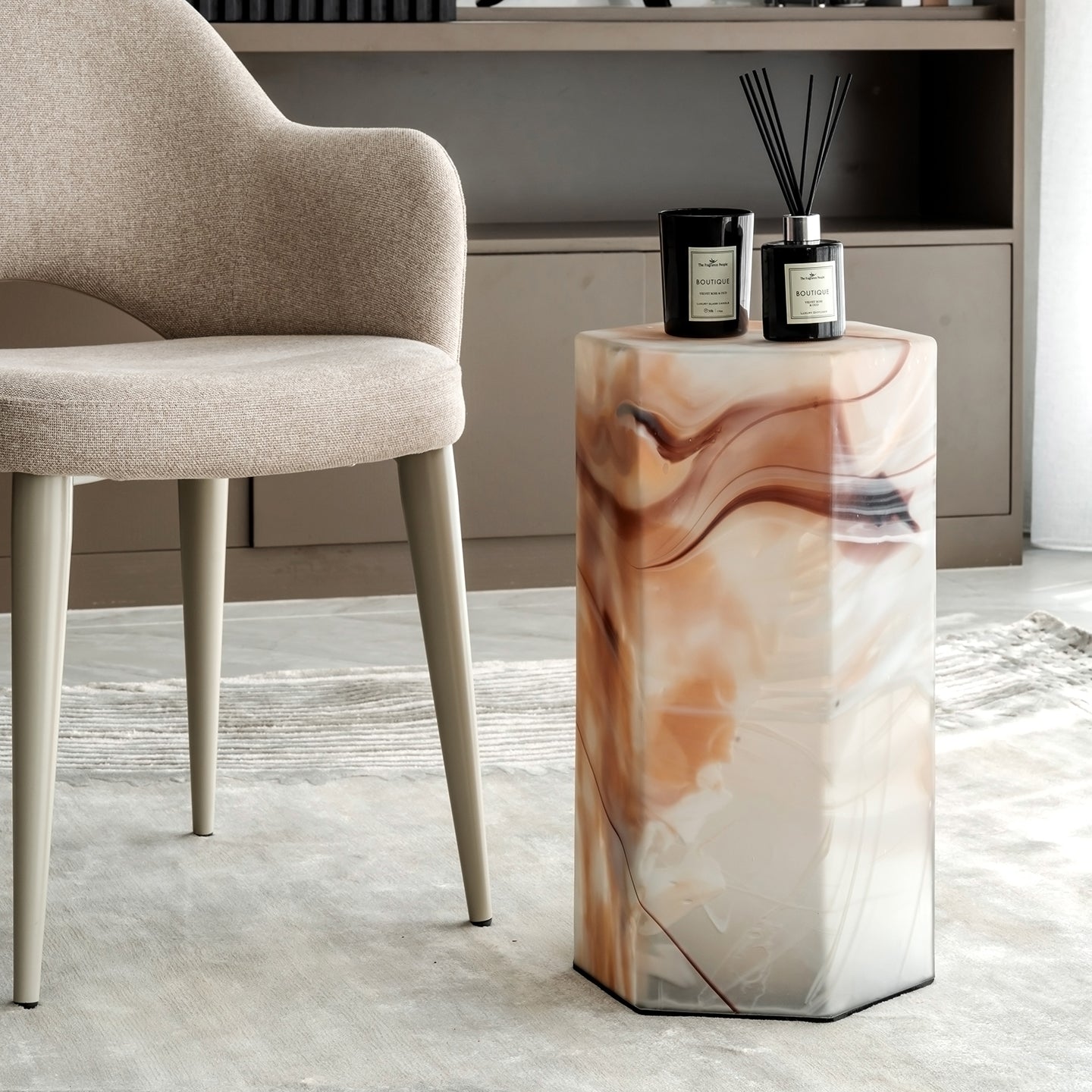Mist hexagon glass table with handcrafted swirling colour patterns, modern solid glass accent table for luxury home interiors