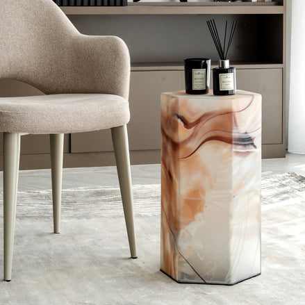 Mist hexagon glass table with handcrafted swirling colour patterns, modern solid glass accent table for luxury home interiors