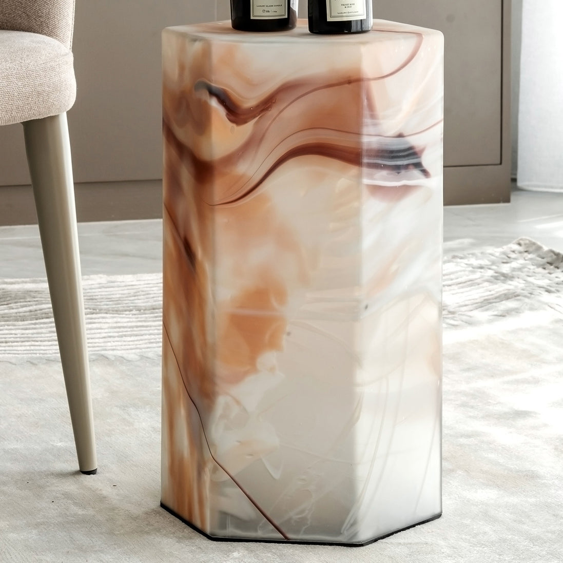 Mist hexagon glass table with handcrafted swirling colour patterns, modern solid glass accent table for luxury home interiors.