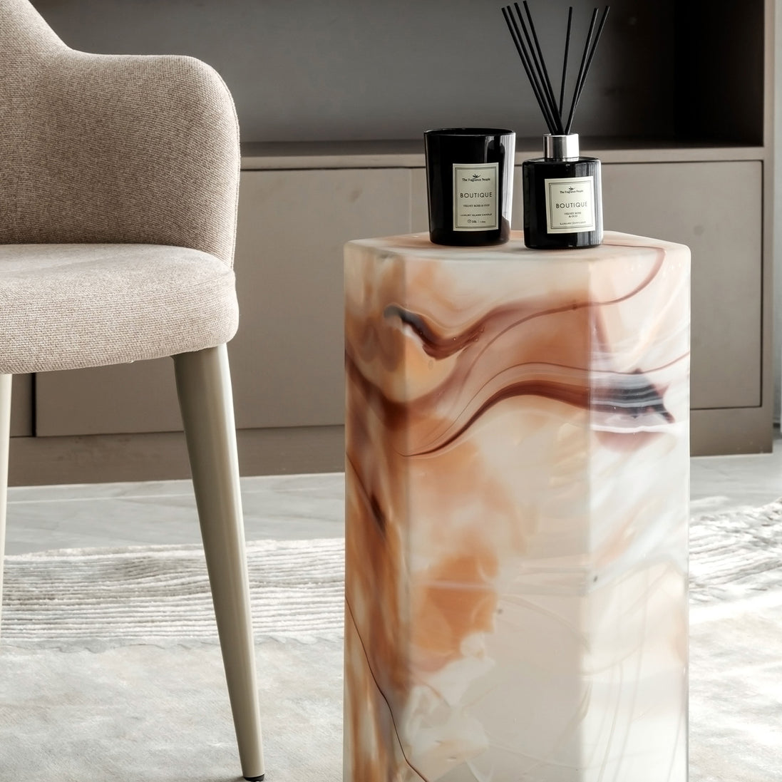 Mist hexagon glass table with handcrafted swirling colour patterns, modern solid glass accent table for luxury home interiors.