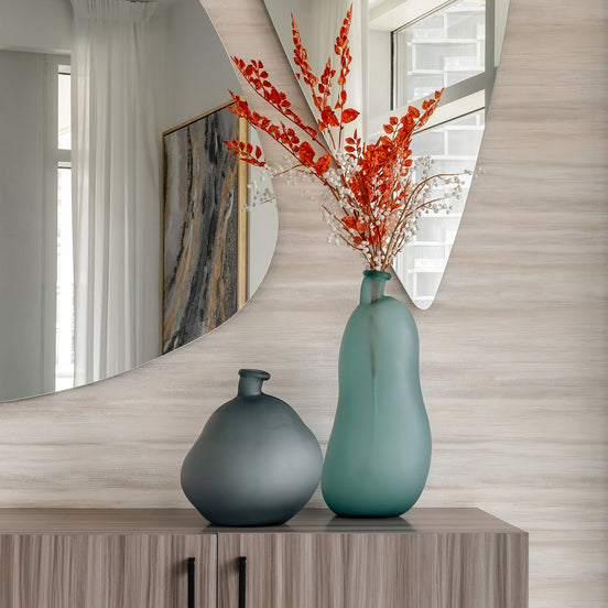 Mizu blue glass vase with organic balloon-inspired shape in light and dark blue tints, decorative vase for modern home décor