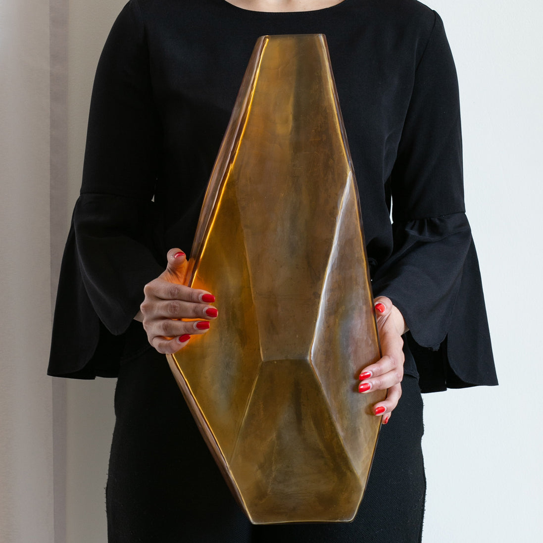 Oro gold angular glass vase with sculptural geometric shape, luxury decorative vase for modern tabletop and console décor