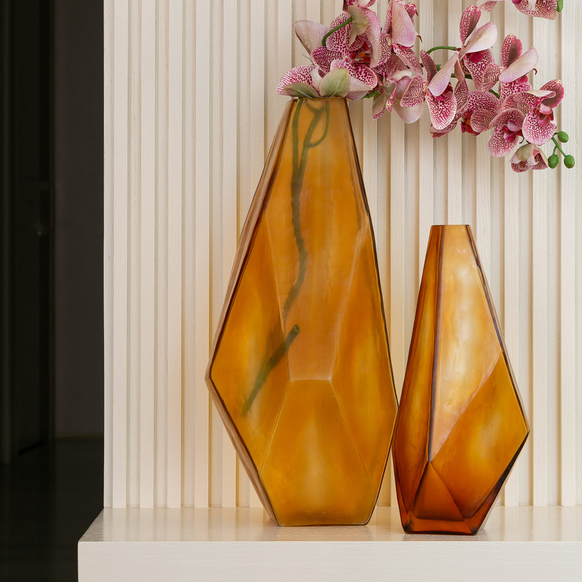 Oro gold angular glass vase with sculptural geometric shape, luxury decorative vase for modern tabletop and console décor