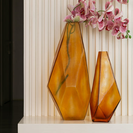 Oro gold angular glass vase with sculptural geometric shape, luxury decorative vase for modern tabletop and console décor