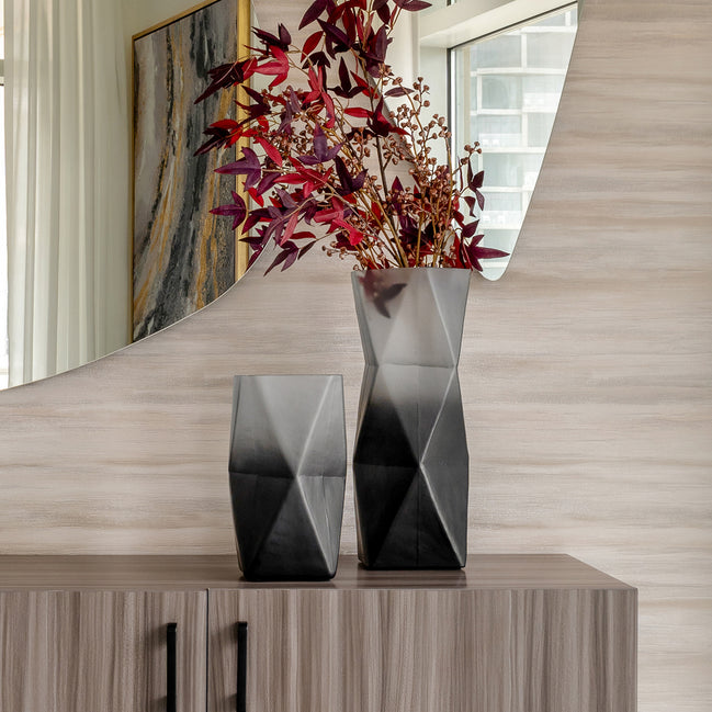 Prism ombre grey glass vase with gradient dark to light finish, contemporary decorative vase for modern home décor