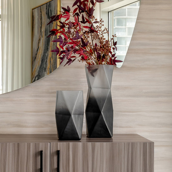 Prism ombre grey glass vase with gradient dark to light finish, contemporary decorative vase for modern home décor