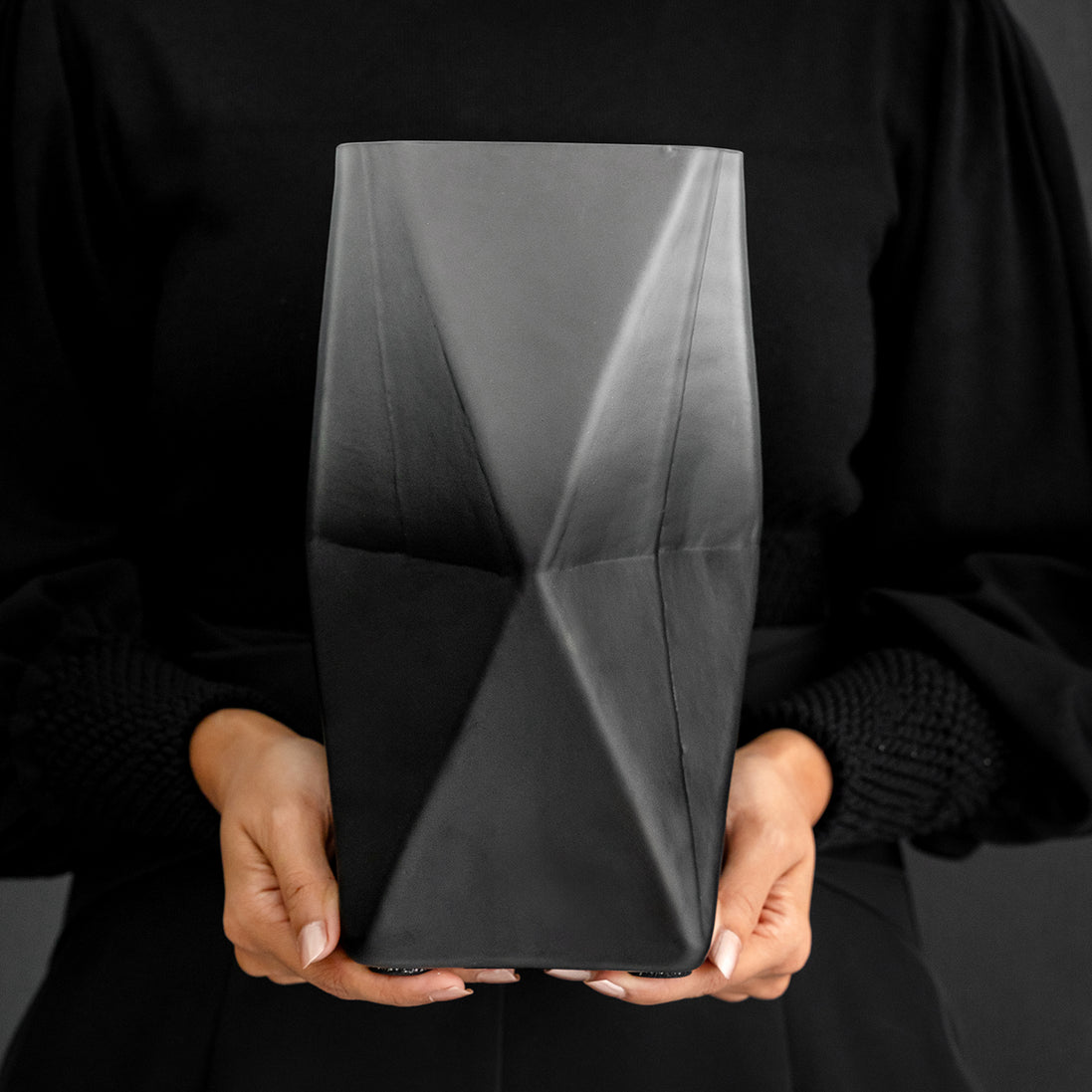 Prism ombre grey glass vase with gradient dark to light finish, contemporary decorative vase for modern home décor