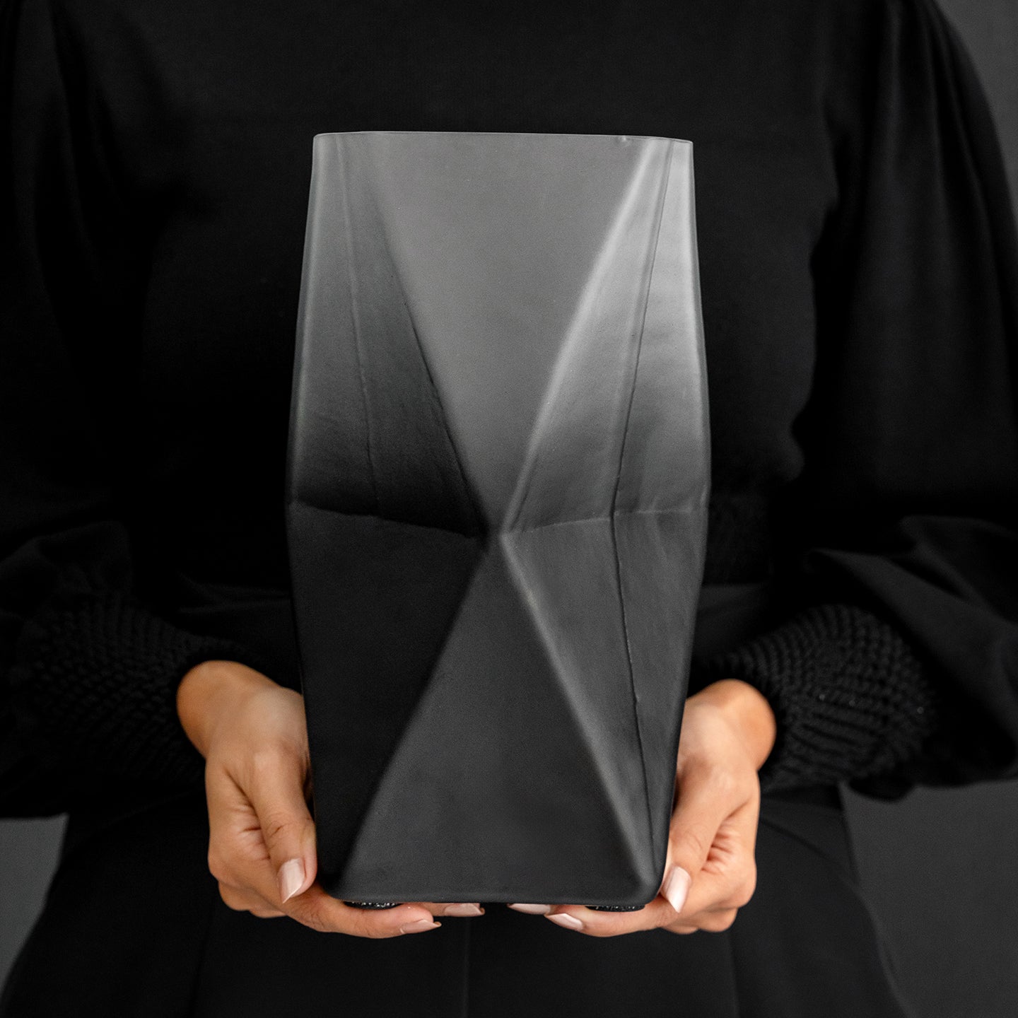 Prism ombre grey glass vase with gradient dark to light finish, contemporary decorative vase for modern home décor