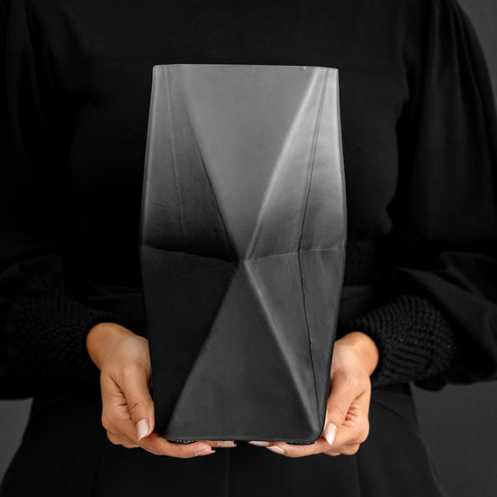 Prism ombre grey glass vase with gradient dark to light finish, contemporary decorative vase for modern home décor
