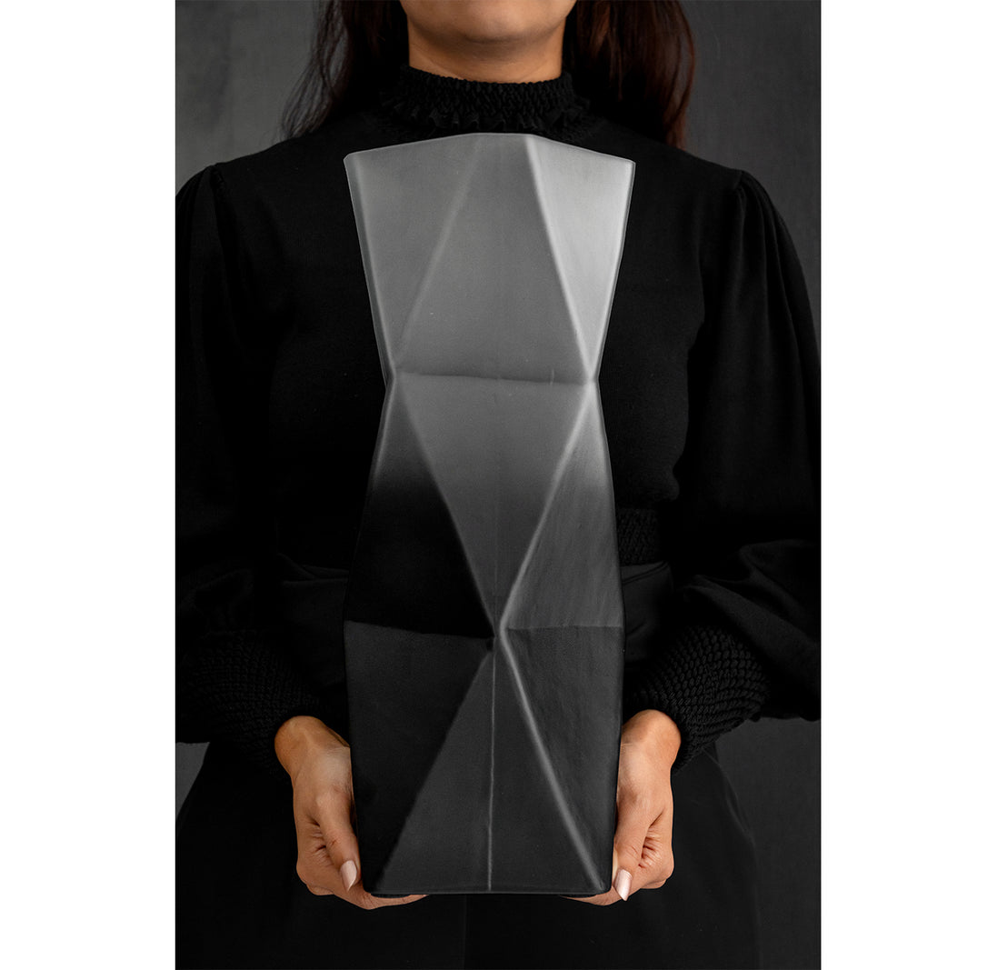 Prism ombre grey glass vase with gradient dark to light finish, contemporary decorative vase for modern home décor