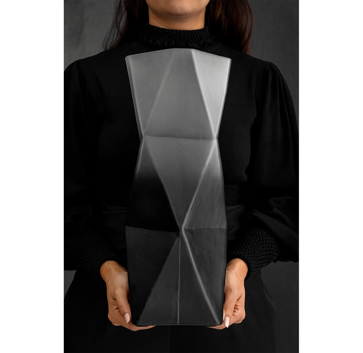Prism ombre grey glass vase with gradient dark to light finish, contemporary decorative vase for modern home décor