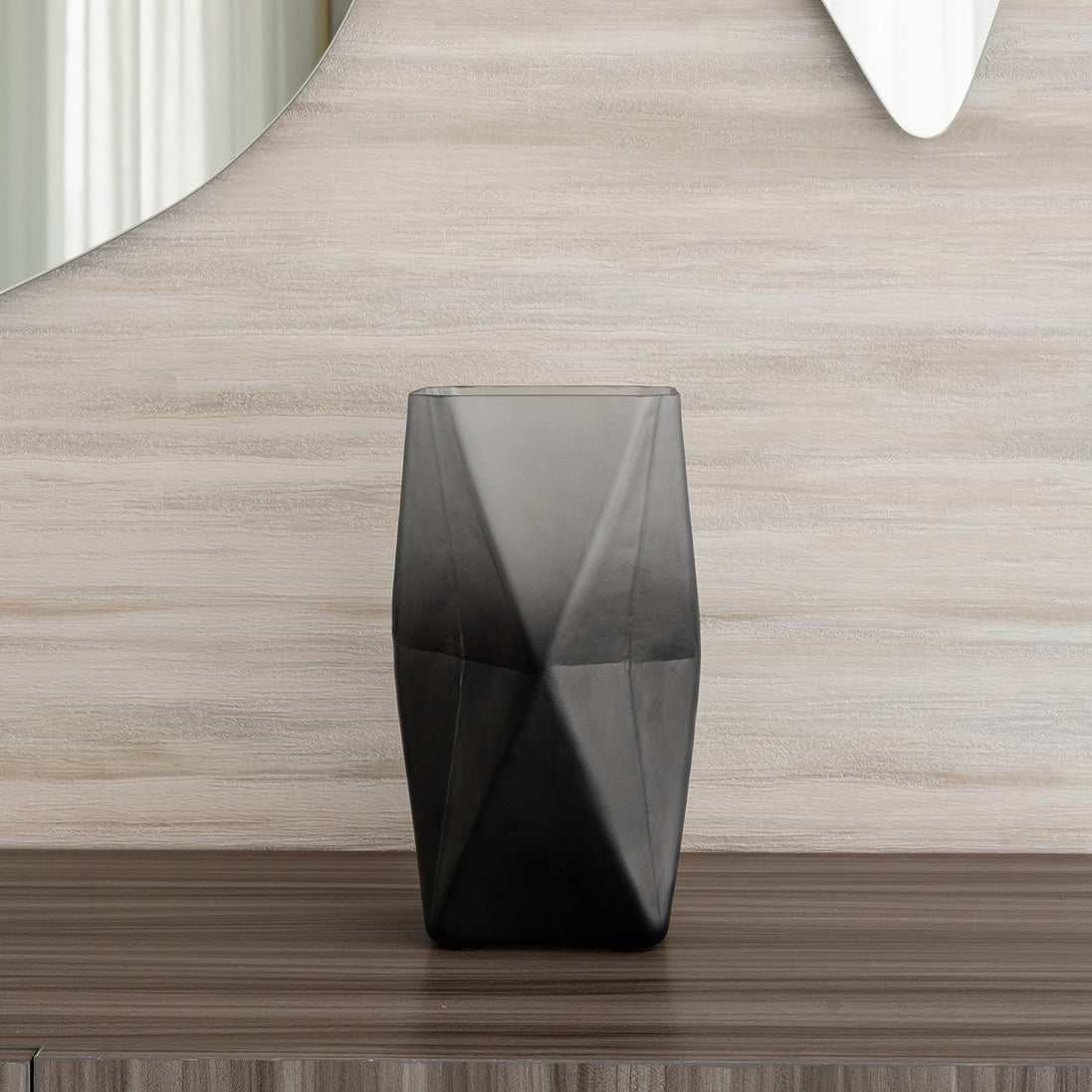 Prism ombre grey glass vase with gradient dark to light finish, contemporary decorative vase for modern home décor