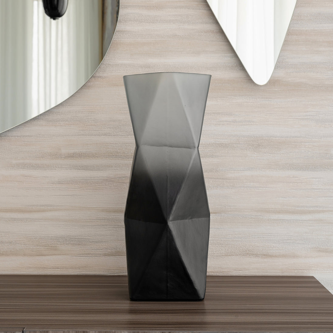 Prism ombre grey glass vase with gradient dark to light finish, contemporary decorative vase for modern home décor