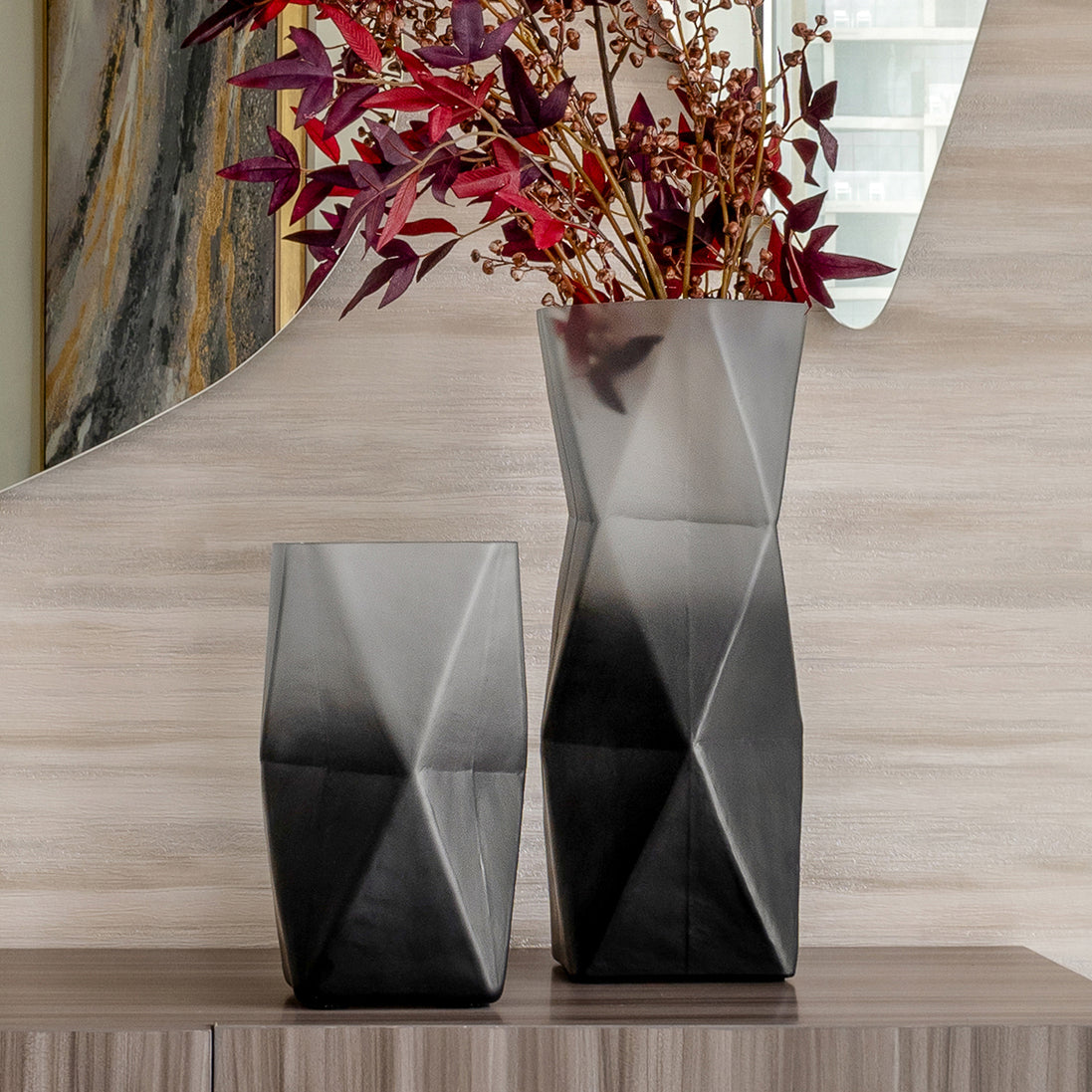 Prism ombre grey glass vase with gradient dark to light finish, contemporary decorative vase for modern home décor