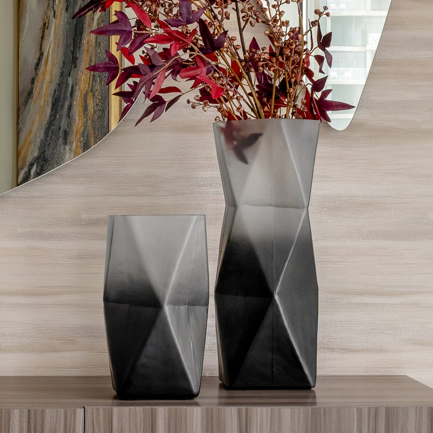 Prism ombre grey glass vase with gradient dark to light finish, contemporary decorative vase for modern home décor