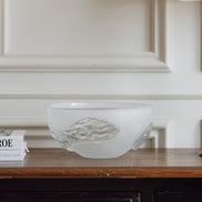 Decorative glass bowl with a frosted white base and textured clear finish inspired by quartz crystal for modern luxury interiors.