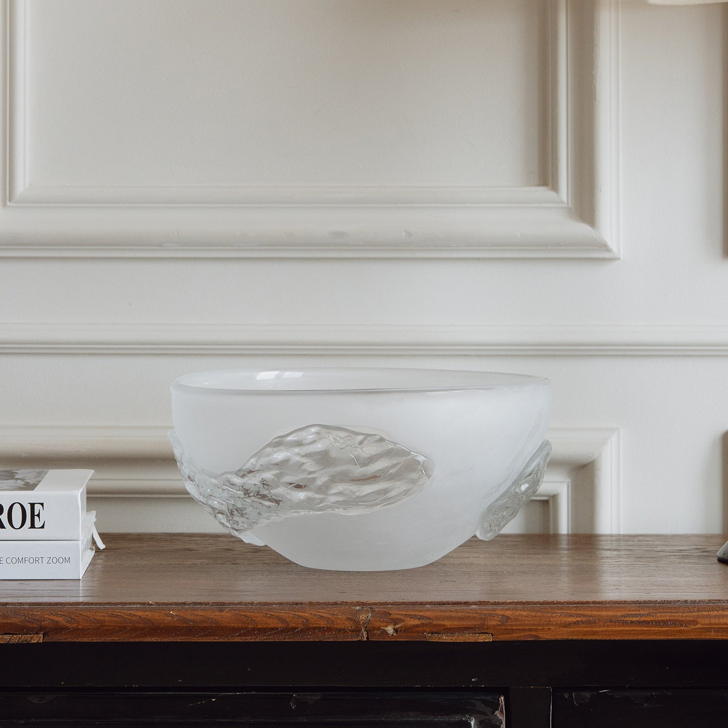 Decorative glass bowl with a frosted white base and textured clear finish inspired by quartz crystal for modern luxury interiors.