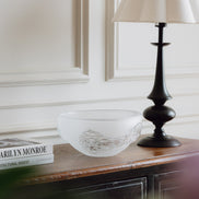 Decorative glass bowl with a frosted white base and textured clear finish inspired by quartz crystal for modern luxury interiors.