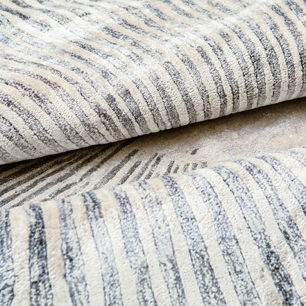 Starburst Blue and Cream Handmade Silk Rug for Modern Living Room or Bedroom Floor.