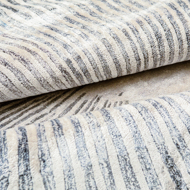 Starburst Blue and Cream Handmade Silk Rug for Modern Living Room or Bedroom Floor.