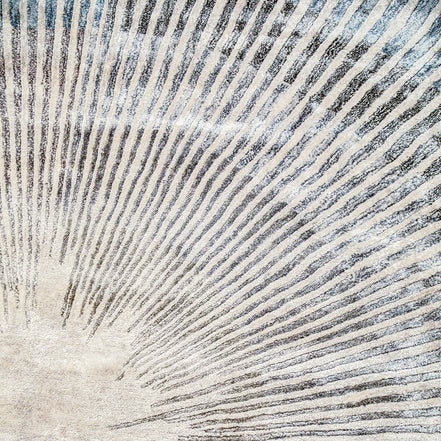 Starburst Blue and Cream Handmade Silk Rug for Modern Living Room or Bedroom Floor.