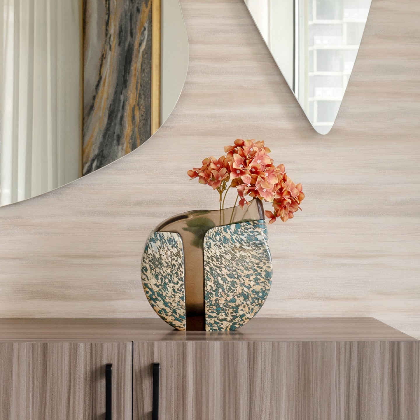 Rive glass vase with brown and beige abstract algae pattern, textured decorative vase for modern home décor