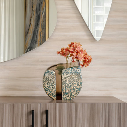 Rive glass vase with brown and beige abstract algae pattern, textured decorative vase for modern home décor