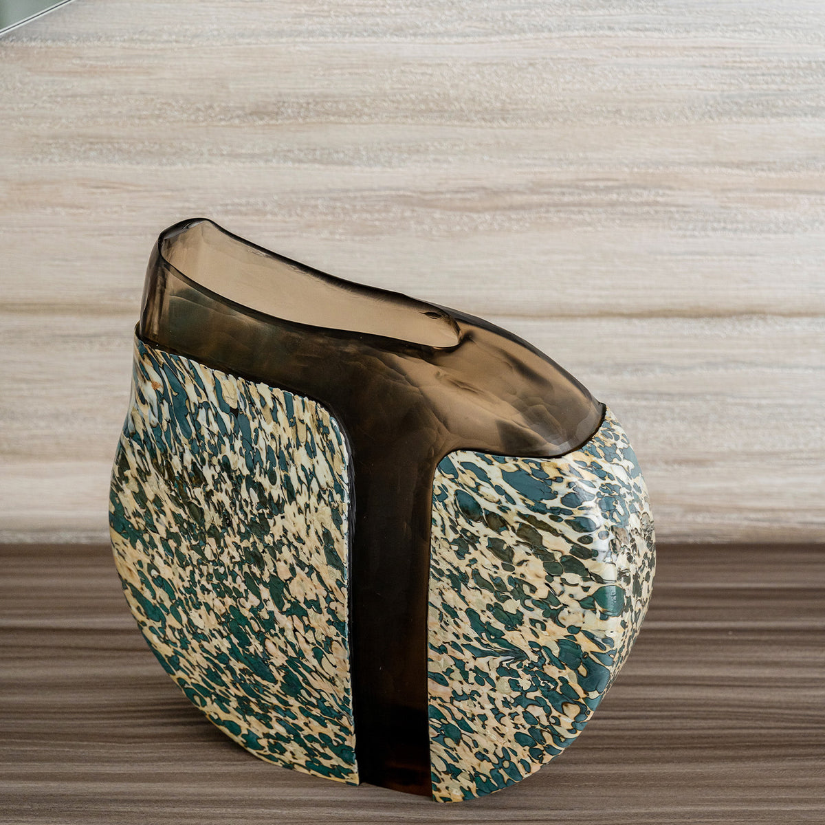 Rive glass vase with brown and beige abstract algae pattern, textured decorative vase for modern home décor
