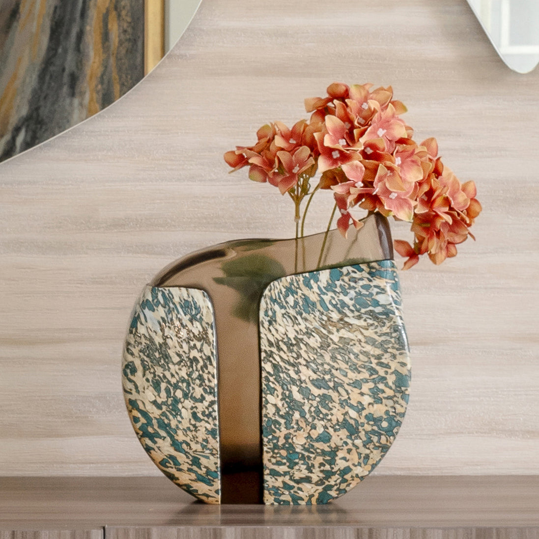 Rive glass vase with brown and beige abstract algae pattern, textured decorative vase for modern home décor