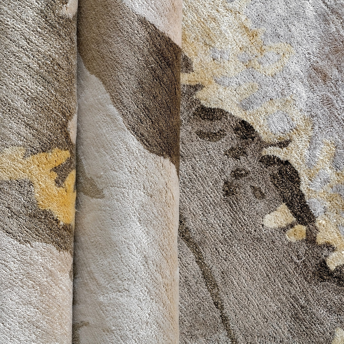 Handmade bamboo silk rug with an abstract design in warm neutral tones for contemporary and luxury interiors.