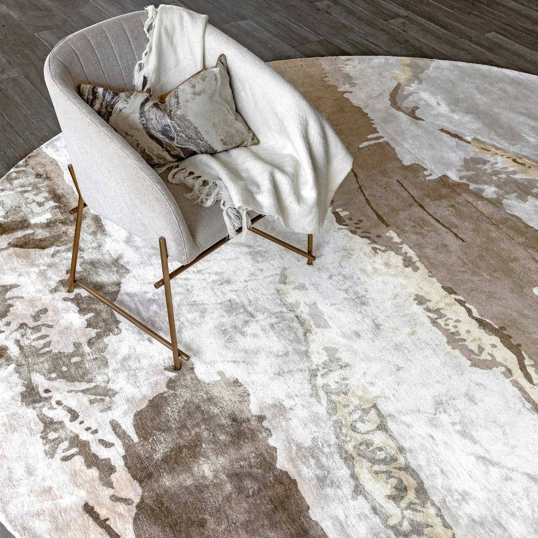 Handmade bamboo silk rug with an abstract design in warm neutral tones for contemporary and luxury interiors.